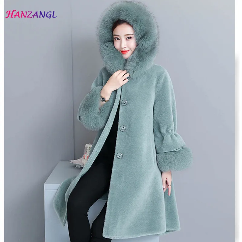 HANZANGL 2018 Winter Wool Coat Women's Faux Fur Coat Long Sleeve Fox Fur Hooded Warm Cashmere Jacket Overcoat Plus size S-3XL