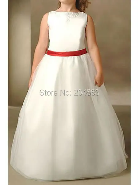 

Free Shipping A Line Flower Girl Dress Kids Dress with Red Bow Custom size/color