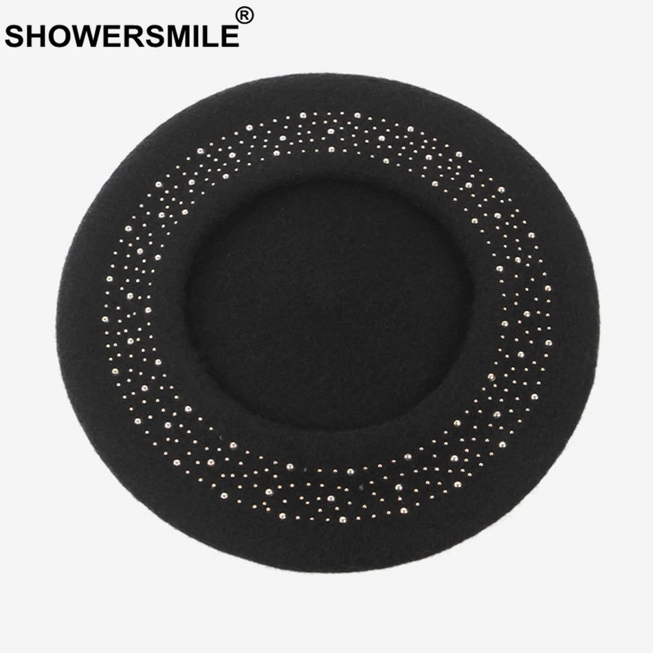 SHOWERSMILE, черный берет для женщин, шерстяные художественные шапки, женские модные мягкие французские береты с заклепками, женские шерстяные зимние шапки для художников