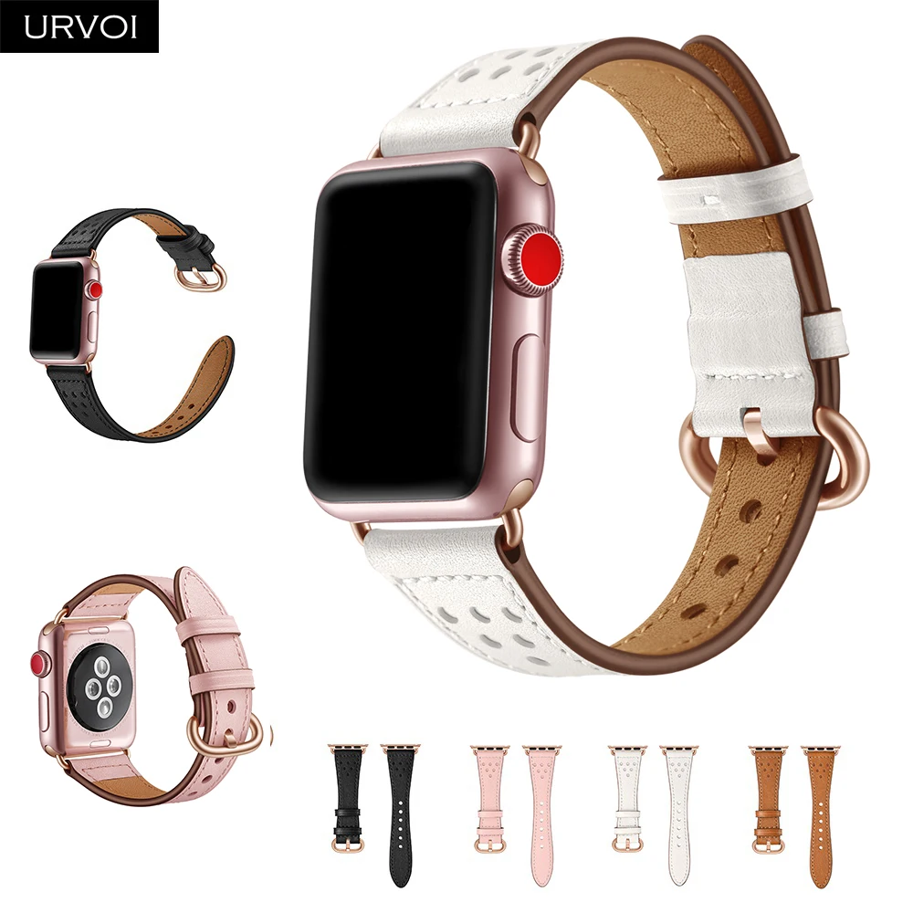 Кожаный ремешок URVOI для apple watch series 5 4 3 2 1 тонкий iwatch классический адаптер розового