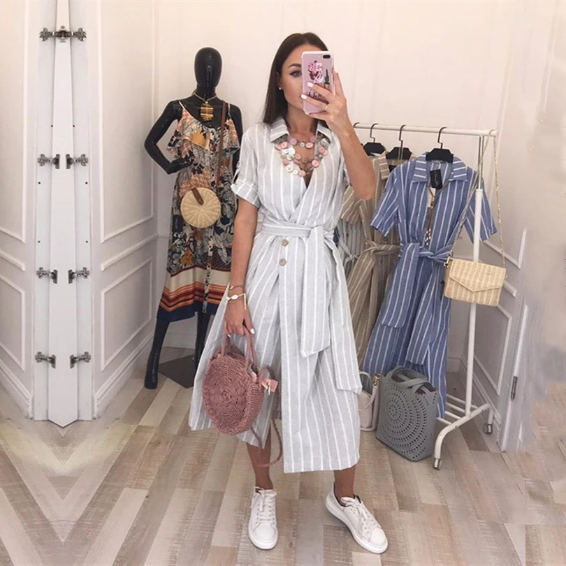 

MVGIRLRU Women Summer Striped Loose Dress V Neck Buttons Long Dress Casual Short Sleeve Belted Dresses