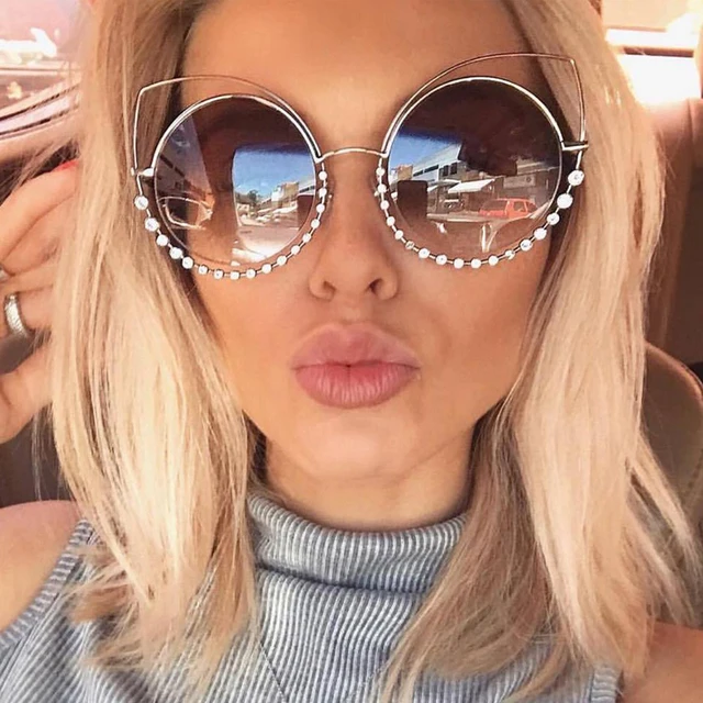 OUTEYE Diamond Cat Eye Sunglasses Women Round Mirror Sun Glasses Rhinestone Oversized Reflective
