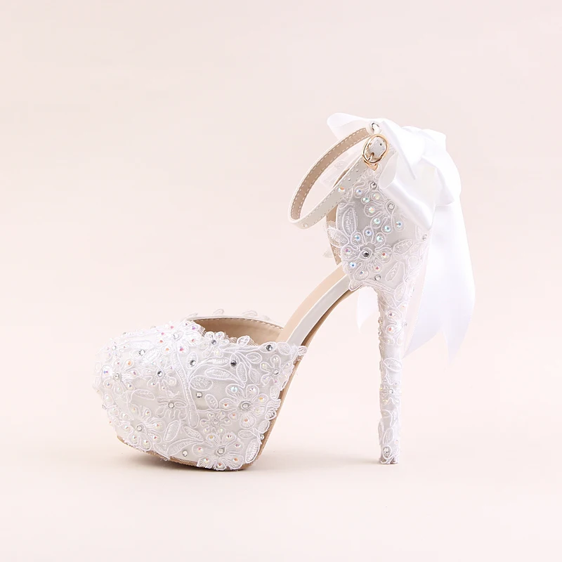 

Female Shoes White Lace Flowers 14cm High Heel Round Toe Waterproof Bride Shoes Wristband Wedding Shoes Bow Tie Women's Sandals