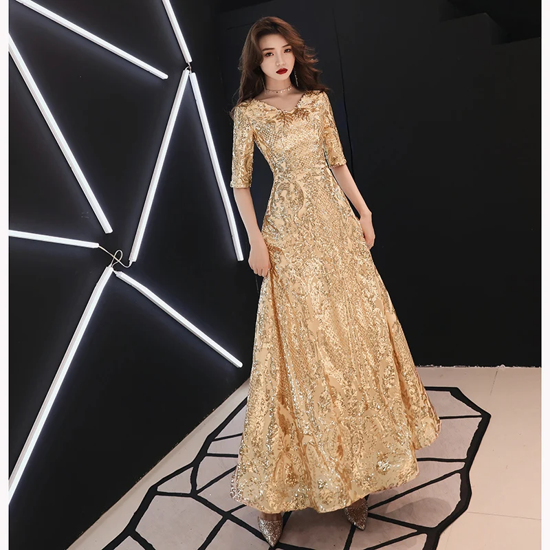 2019 Gold Wine Red Evening Dresses Long Elegant V-neck A-line Floor-Length Sequined Formal Evening Gown LF154