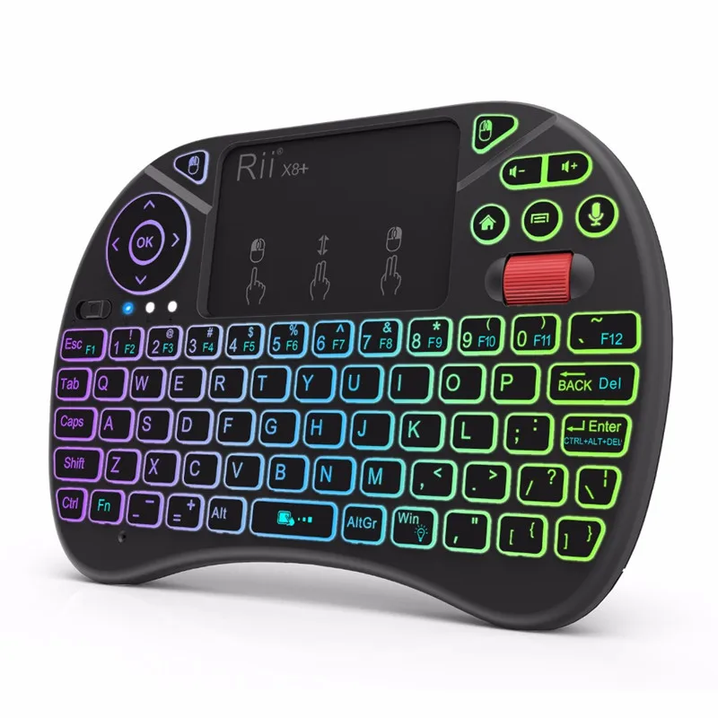 Продажа Rii X8 + 2,4 ГГц мини беспроводная клавиатура с сенсорной панелью голосовой поиск сменный цветной светодиодный с подсветкой, перезаряжаемый лит...