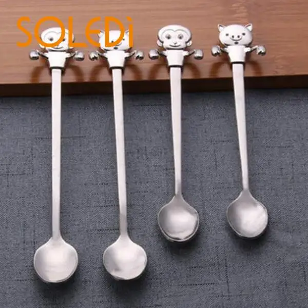 Cute Cat Pig Monkey Teaspoons Stainless Steel Cartoon Cat spoons Ice Cream Dessert Long Handle Coffee&Tea Spoon Tableware