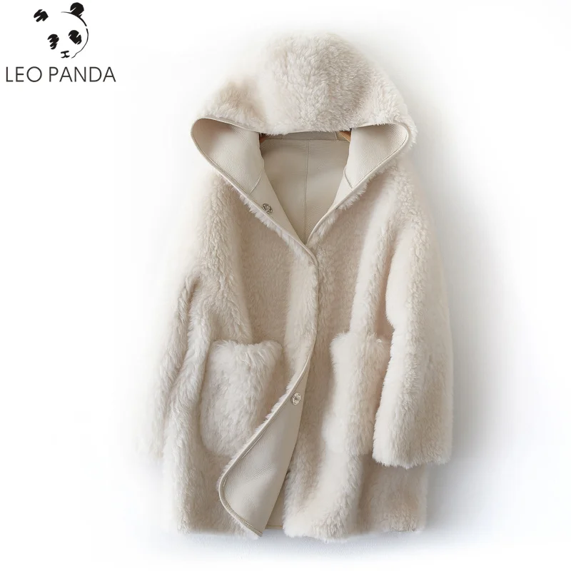 

2019 Lady Superior quality Real Fur Coat Hooded Sheep Shearing Jackets Icelandic Wool Coats PU Leather Liner Winter Jacket Women