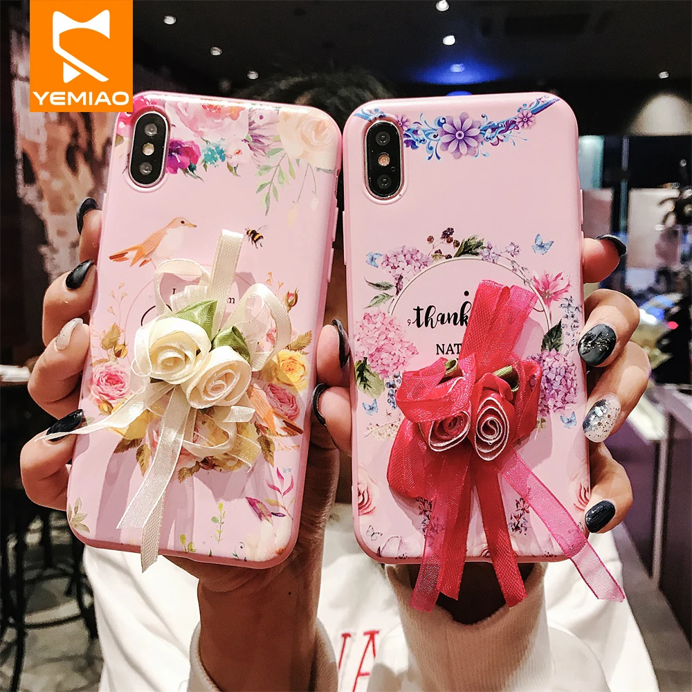 Розовый чехол для телефона с бантом iPhone X XS Max XR милый силиконовый лентой 6 6S Plus 7 8 10