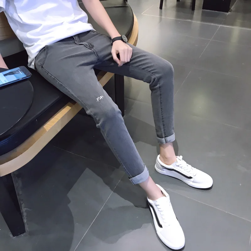 

2019 Spring and Summer New Elastic Tight Pants Pants Men's Slim Feet Jeans Trend Wild Personality Comfortable Men's Trousers