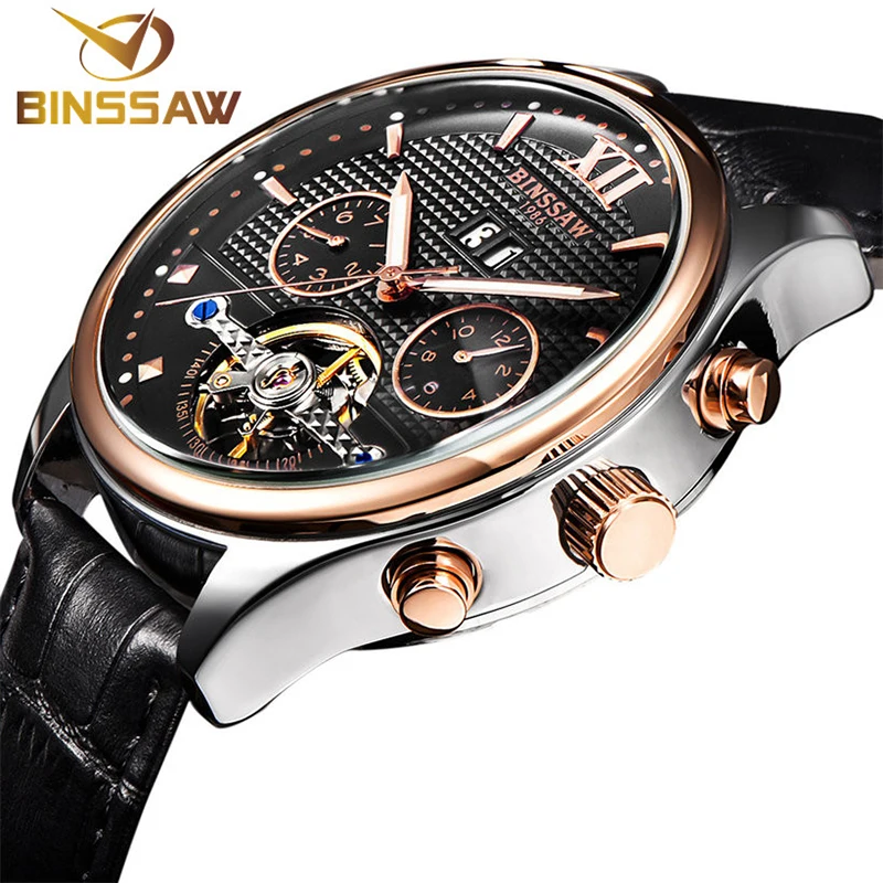 BINSSAW Для мужчин моды автоматические механические часы Для мужчин s Tourbillon Кожа Дата Топ Элитный бренд спортивные часы Relógio Masculino