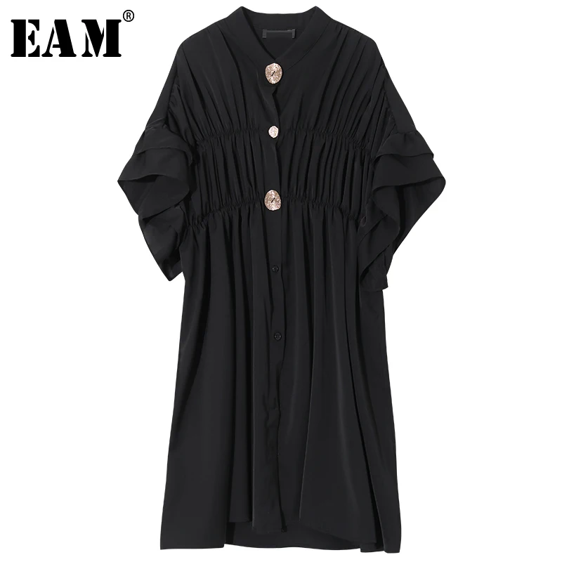 

[EAM] 2019 New Spring Summer Stand Collar Short Puffles Sleeve Button Draped Pleated Ruffles Loose Dress Women Fashion JX655
