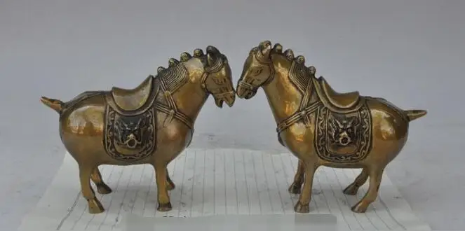 

S6859 5" Chinese Bronze FengShui dragon head Lucky Wealth Run Horse steed Pair Statue D0317