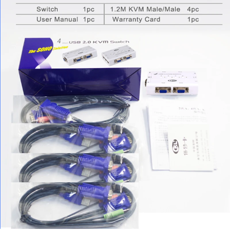 KVM коммутатор VGA 4 порта USB 2 0 с кабелем поддержка аудио микрофона принтер сканер