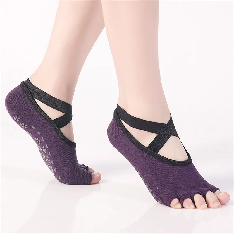 1 Pair Women Anti Slip Sports Yoga Socks with Grips Five Finger Toeless X Bandage Slippers Sock for Gym Fitness Pilates Ballet