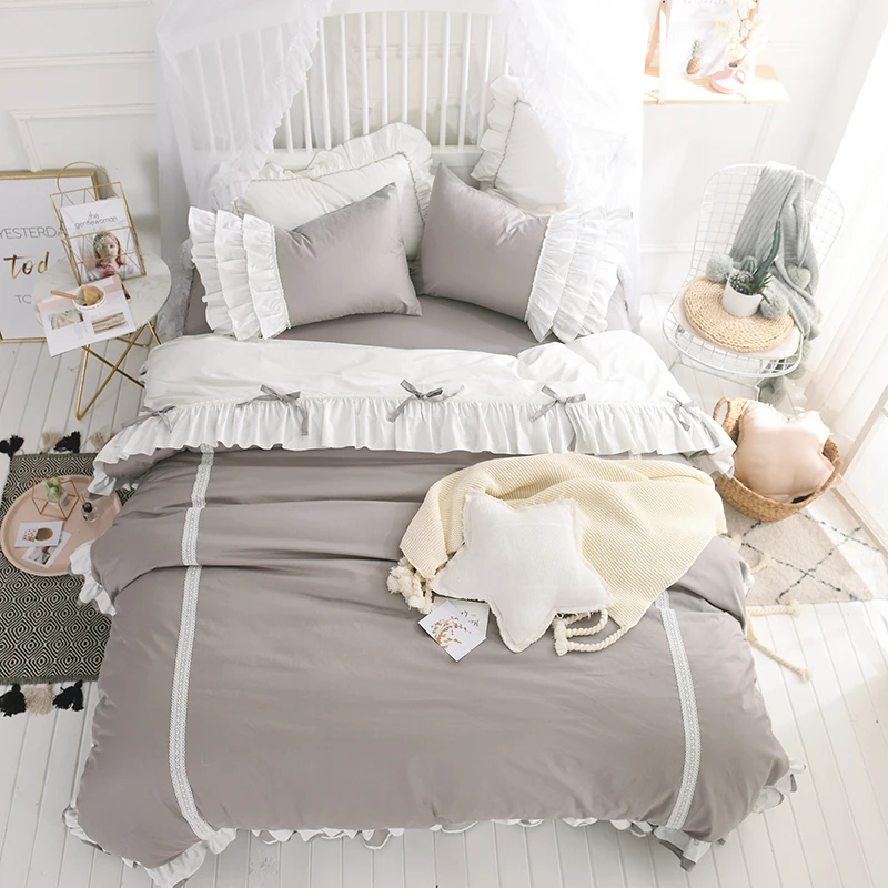 

Free shipping Korean princess 4pcs ruffles solid color 100%cotton bowknot pink gray bedding set full/queen/king size MR