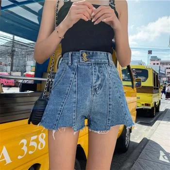 

Summer Korean large size jean shorts women high waist loose Irregular burr hot shorts denim shorts plus size 5xl r1157