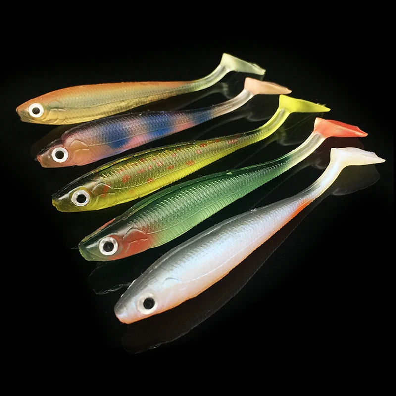 

1pcs/5pcs T-tail Soft Bait 9cm/5g Back Grooved Rainbow Fish PVC Material Soft Simulation Lure for Sea Carp Bass Fishing Tackle