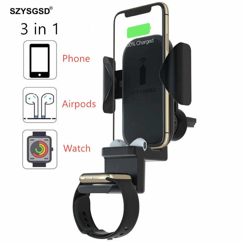 

SZYSGSD 3 in 1 Wireless Car Charger Fast Charging Car For iPhone Xr Xs X 8 For Watch 2 3 4 Charger For Airpods Charger Dock