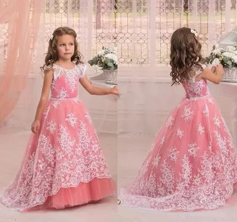 

New Custom Color Ball Gown Flower Girl Dresses A Line Lace Up Back Applique with Sash Child Pageant Dresses
