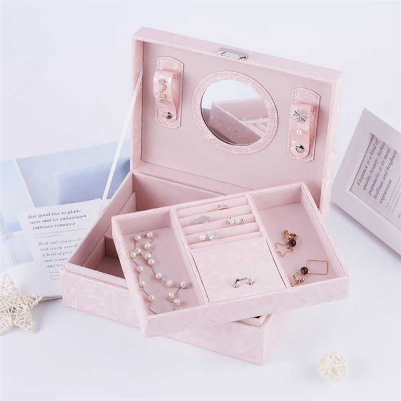 

2 Layer Leather Jewelry Box Display Storage case with Lock Jewelry Organizer for Women Earring Holder for Ring Necklace Bracelet
