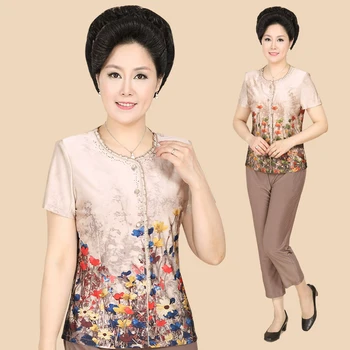 

NIFULLAN 2pcs/set, Summer Style Middle Age Women O-neck Short Sleeve T shirt Tops + Pants Plus Size Mother Clothing Cheap Suit