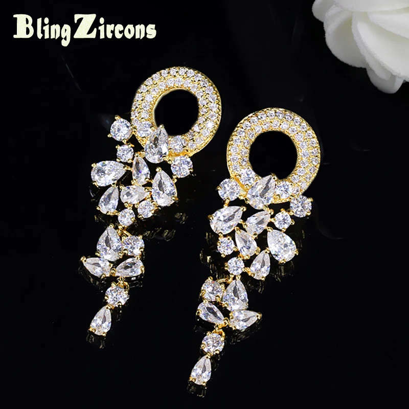 

BeaQueen Luxury Yellow Gold Color CZ Long Drop Earrings Clear Cubic Zirconia Crystal Setting Wedding Jewelry for Women E146