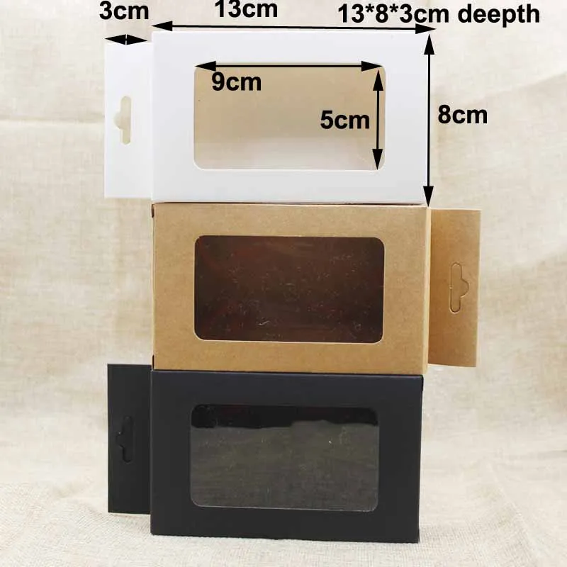 30 шт./лот белый/черный картон с прозрачным окном Висячие отверстия упаковочные коробки крафт подарочные вечерние сувениры вешалка окно коробка посылка