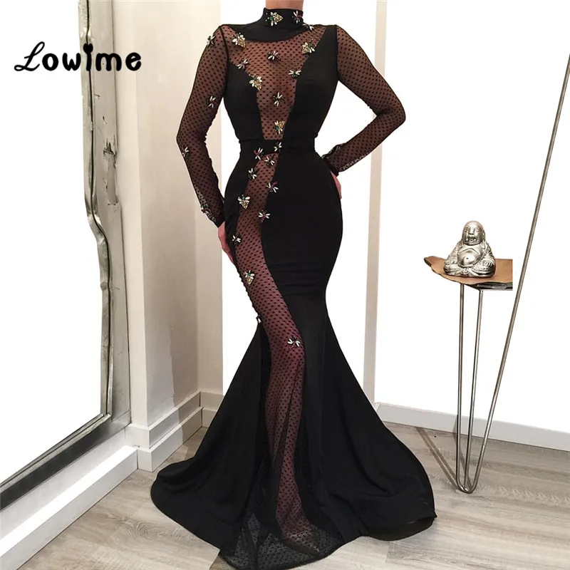 

Hot Sexy Illusion Black Evening Dresses Mermaid Arabic Long Sleeves Party Gowns With Beaded 2019 Robe De Soiree Dubai Turkish