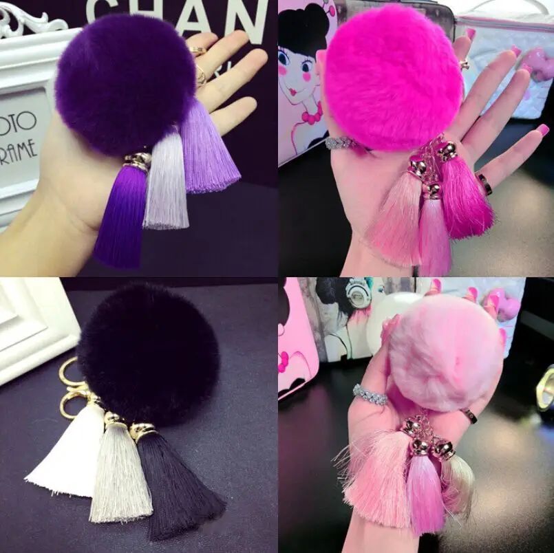 

Fashion Handbag Cute Bag Blank Ball Pom Pom Rabbit Fur Bunny Fluffy Tassel Keychain To Locate Keys Gold Plated 14 Colors 8cm