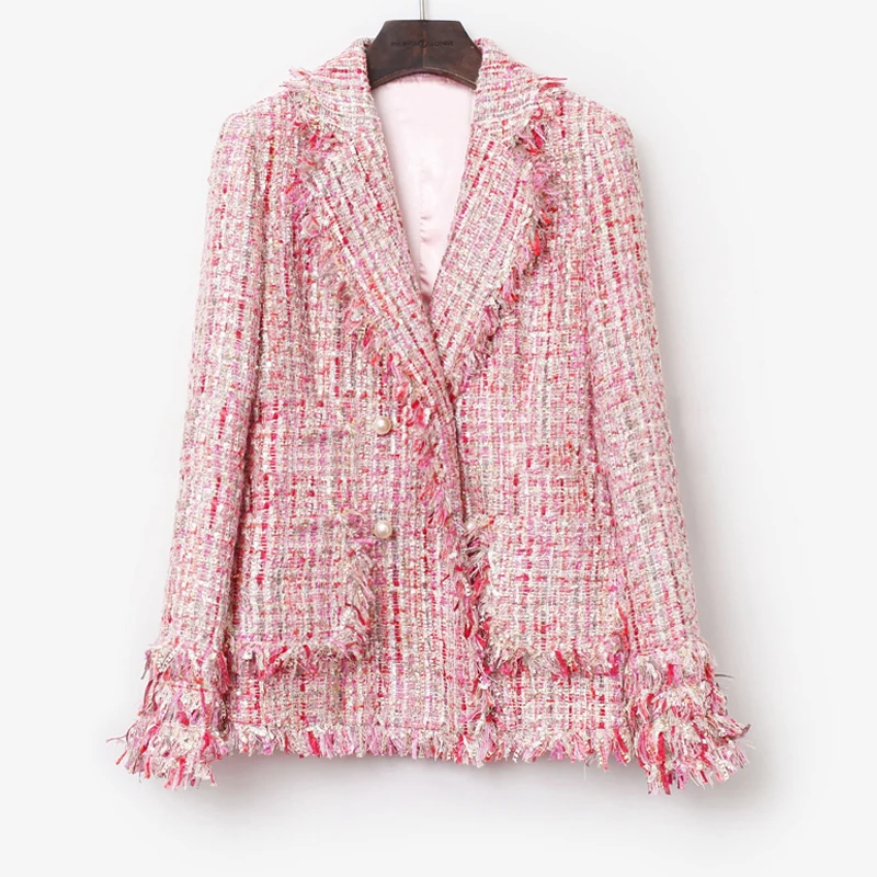 Розовое пальто из твида с пайетками из ткани осень / зима, новое женское пальто, темперамент был тонкий шерстяное пальто в длинном разделе