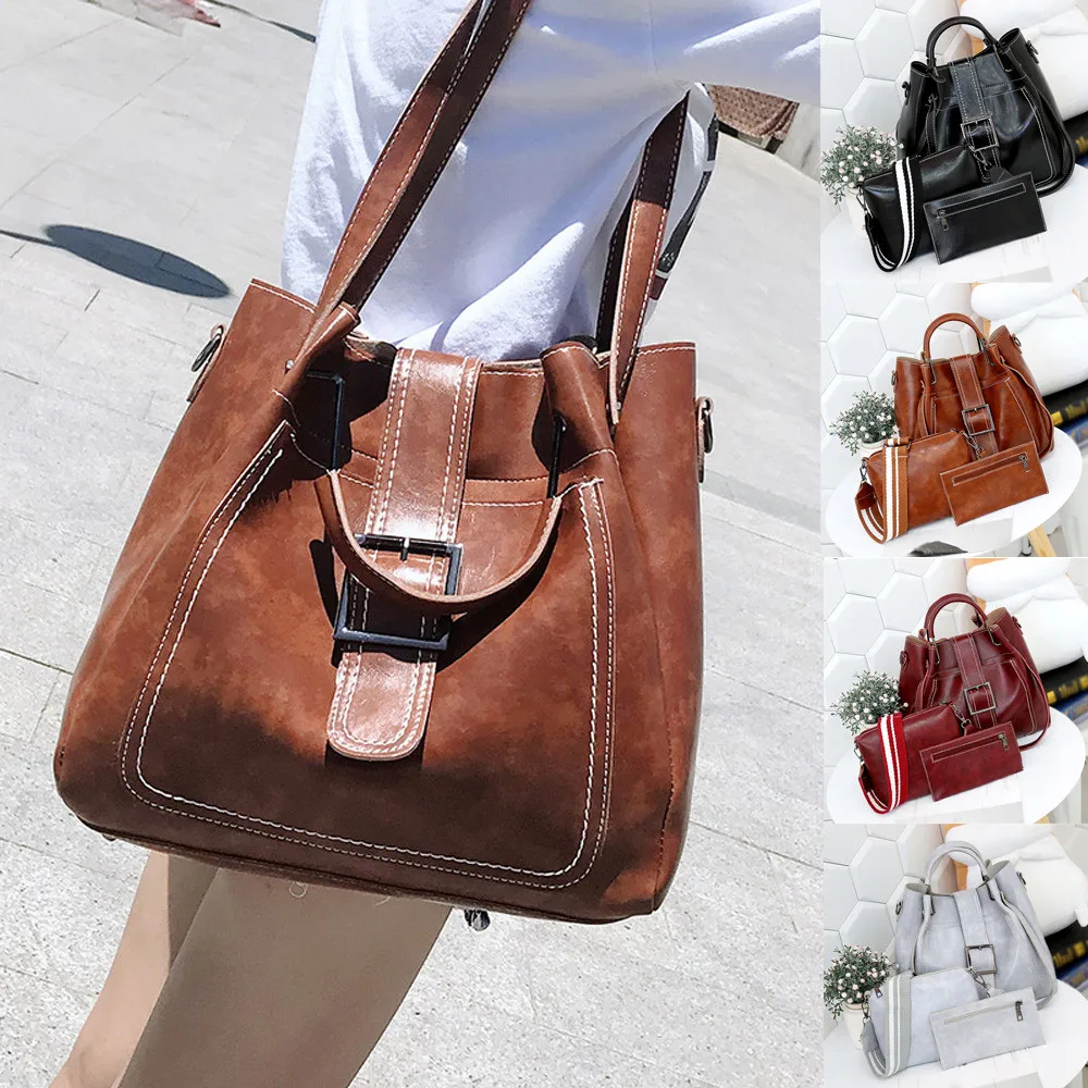 2018 Hot Sale Messenger Bags 3Pcs Retro Women's Pure Color Leather ...