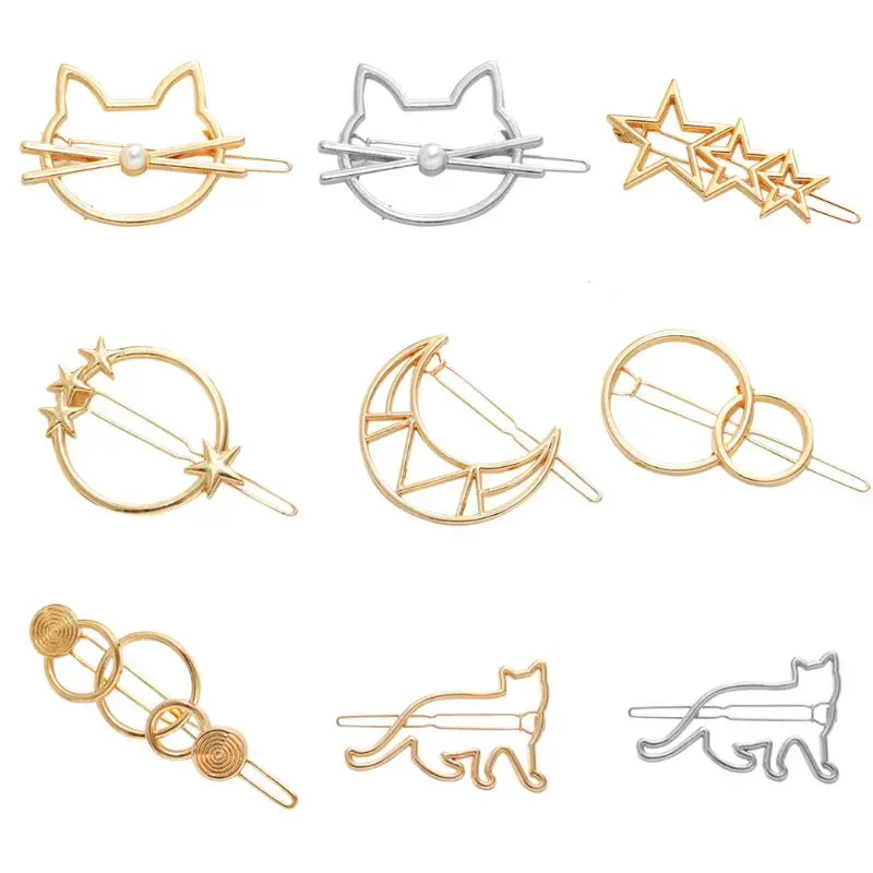

Women Girls Metal Alloy Hairgrip Barrette Hollow Geometric Cat Moon Circle Shape Hair Clip Faux Pearl Decor Barrettes Holder Gli