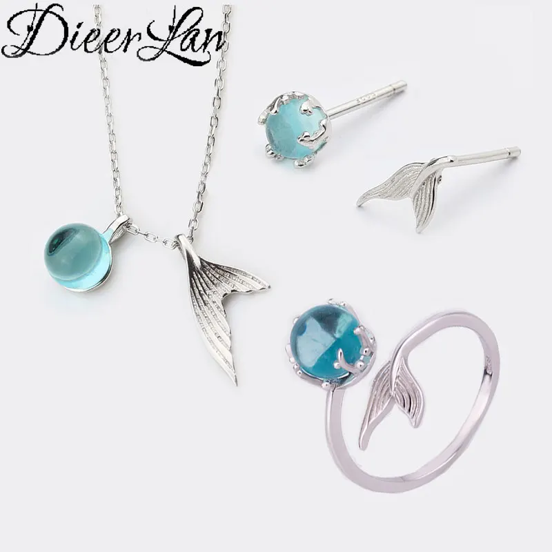 

DIEERLAN Fashion Rhinestone Jewelry Set 925 Sterling Silver Mermaid Tail Necklaces Rings Sets for Women Bridal Statement Jewelry