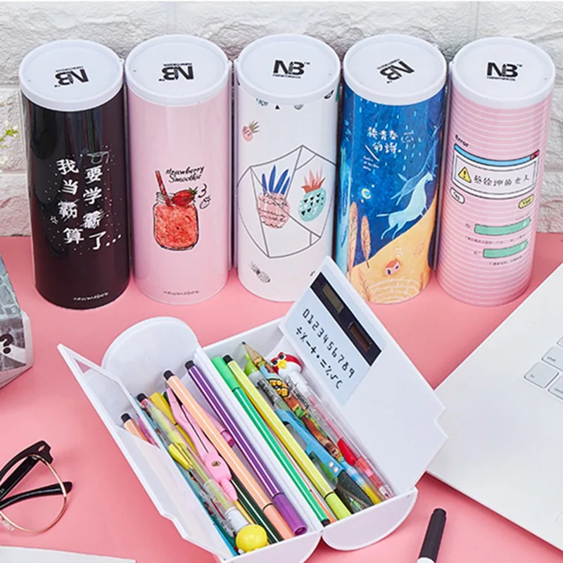 

2019 NEW Creative Whiteboard Pencil Case With Solar Calculator Magnetic Switch Kawai Cartoon Pen Box School Writing Case