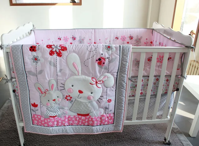 2017 cartoon 7pcs appliqued baby cot crib bedding set for girls fitted crib sheet girl