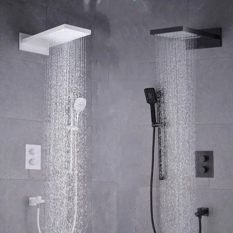 

Bathroom Luxury black Thermostatic shower faucet Rain Mixer Shower Combo Set Wall Mounted Waterfall Rainfall Shower Head System