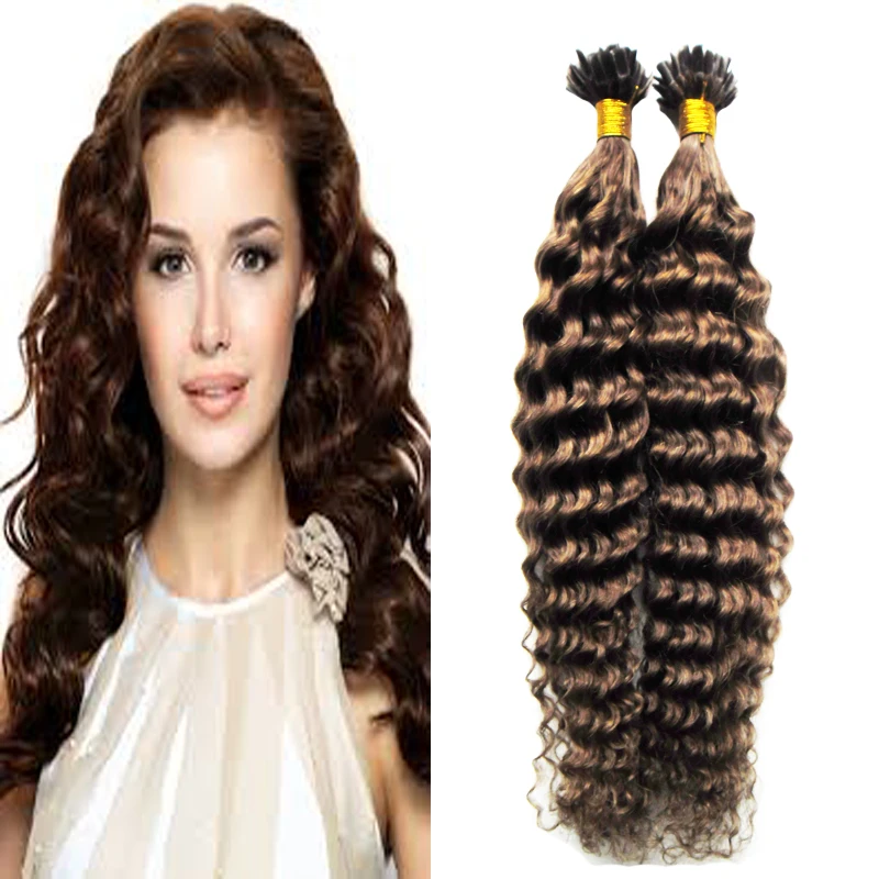Hair Extensions Keratin Tip Remy I Gram 100G Pre Bonded #6 Medium Brown Deep curly Stick |