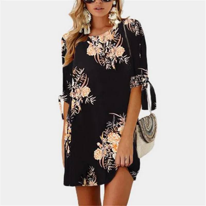 

MSSNG 2019 Summer New Fashion Temperament Round Neck Printing Mini Elegant Dress Female Models Black Gray Blue S-XXL