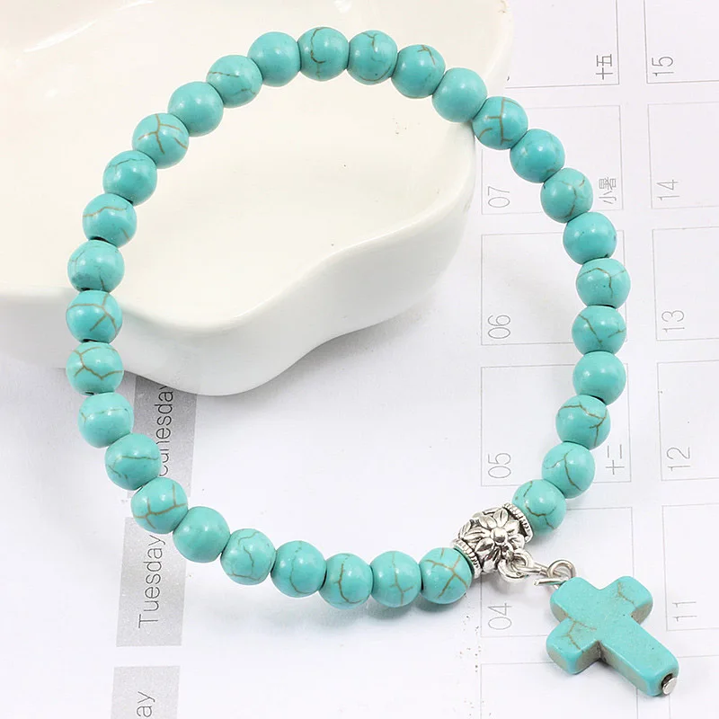 

Natural Turquoises Matte Black Stone Beads Strand Bracelets for Women Men Jesus Cross Charms Beaded Bracelet Jewelry Accessories