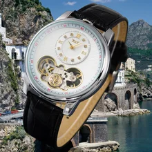 JARAGAR Tourbillon Wrap Automatic Clock Men Black Genuine Leather Strap Dual Movements Men's Mechanical Watch