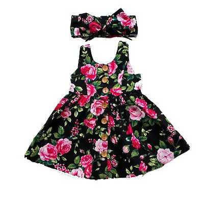 

Summer Sleeveless Girls Dress Baby Girl Clothes Button Floral Dress Wedding Pageant Formal Dresses Sundress Clothing