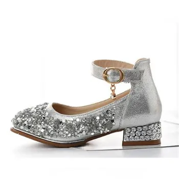 

New Children High-heeled Princess Silver Crystal shoes Girls Rhinestone Performance Dance Party Show Baby Kids Leather Shoes 02A