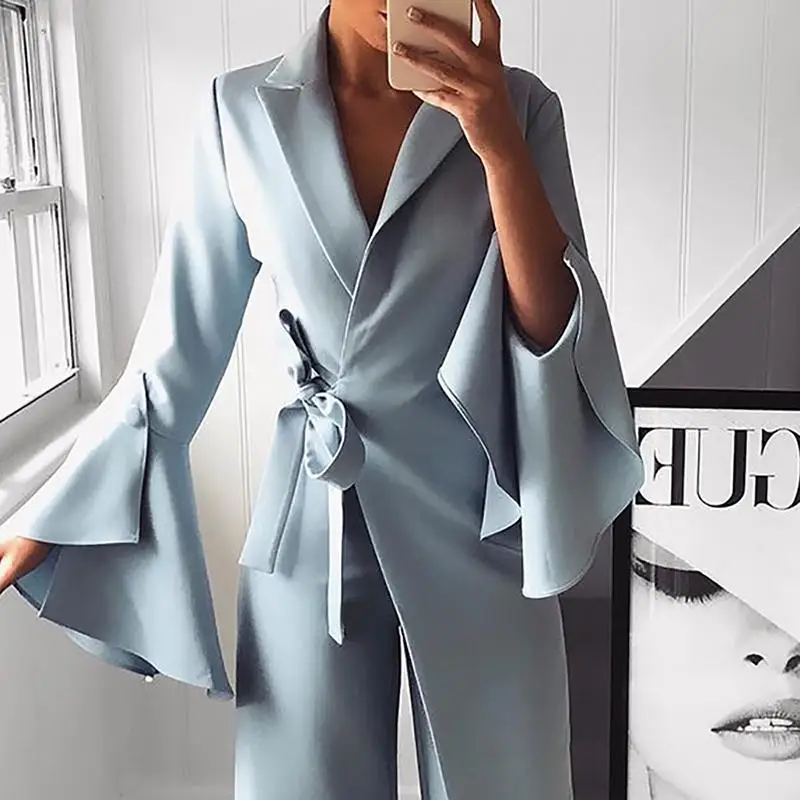 

2019 Spring Elegant Irregular Flared Sleeve Jumpsuit Women Lace Up Knot Side Long Wide Leg Rompers Workwear Formal Party Solid