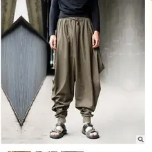 Летние новые мужские ретро повседневные шаровары классная льняная брюки кюлоты широкие ноги брюки свободные низкие кросс брюки певица костюмы