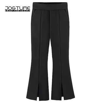 

JOGTUME Black Flare Pants Plus Size 2017 Spring Autumn Split Pleated Wide Leg Pants Ladies Ankle Length Leisure Trousers 4xl 5xl