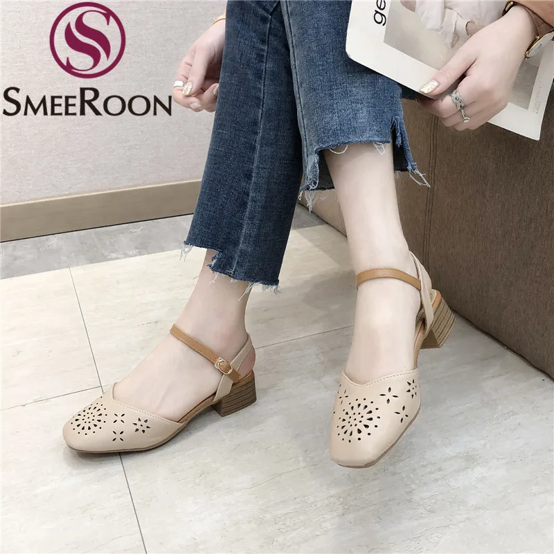 

Smeeroon 2019 new summer sandals square toe shallow square heels ladies shoes buckle casual Mary janes women sandals
