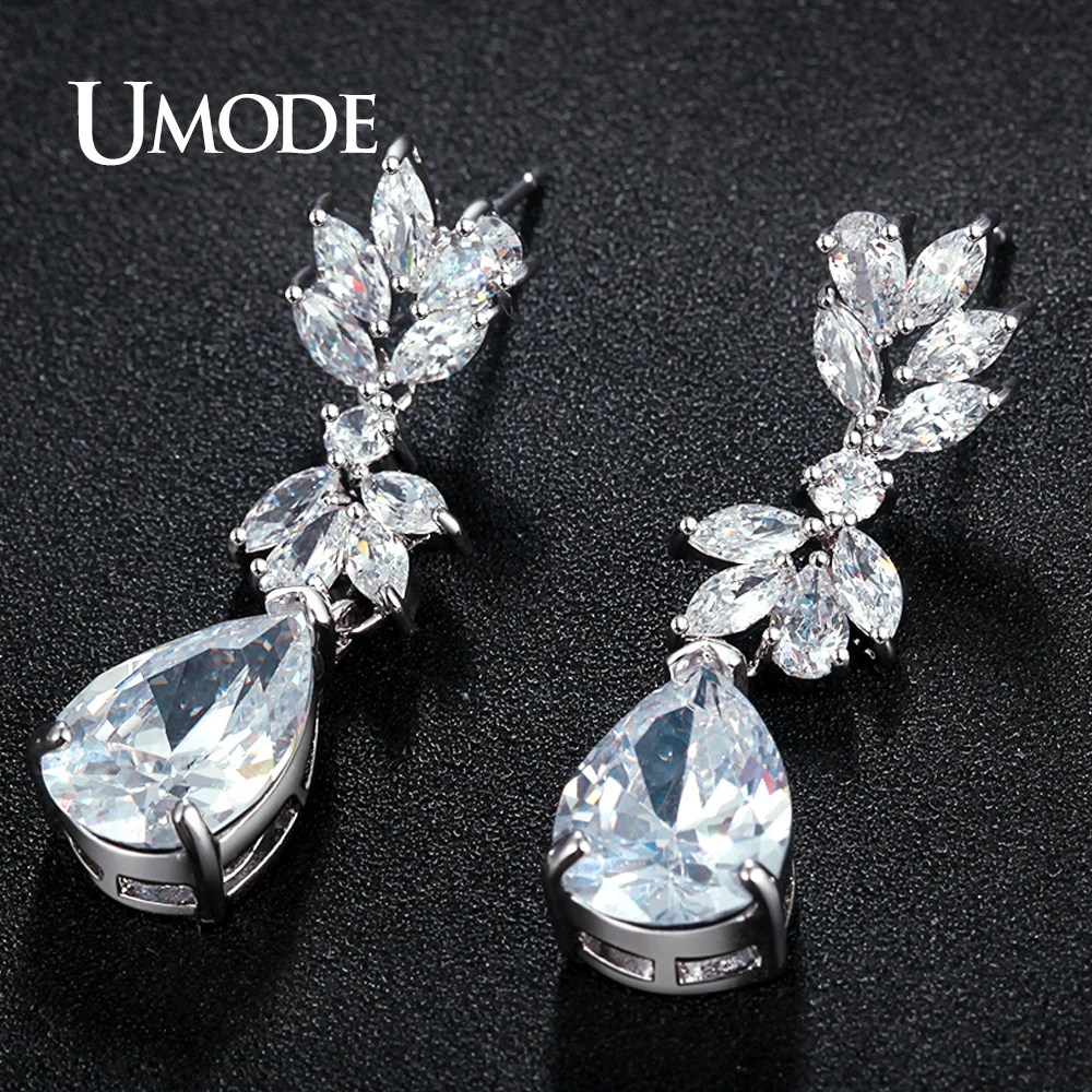 

UMODE New Fashion Plant Leaf Luxury CZ Drop Earrings for Women Silver Color Wedding Party Jewelry Boucle D'Oreille Femme UE0350