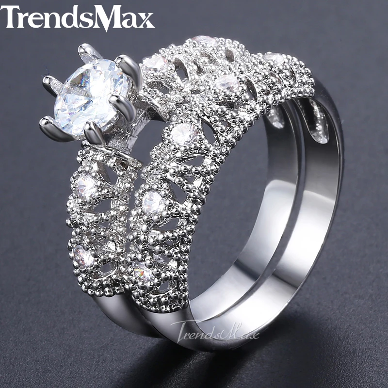 Trendsmax Fine Carving Craft Wedding Filigree Ring Set For Women White Gold Filled Round Clear Cubic Zirconia KGR45