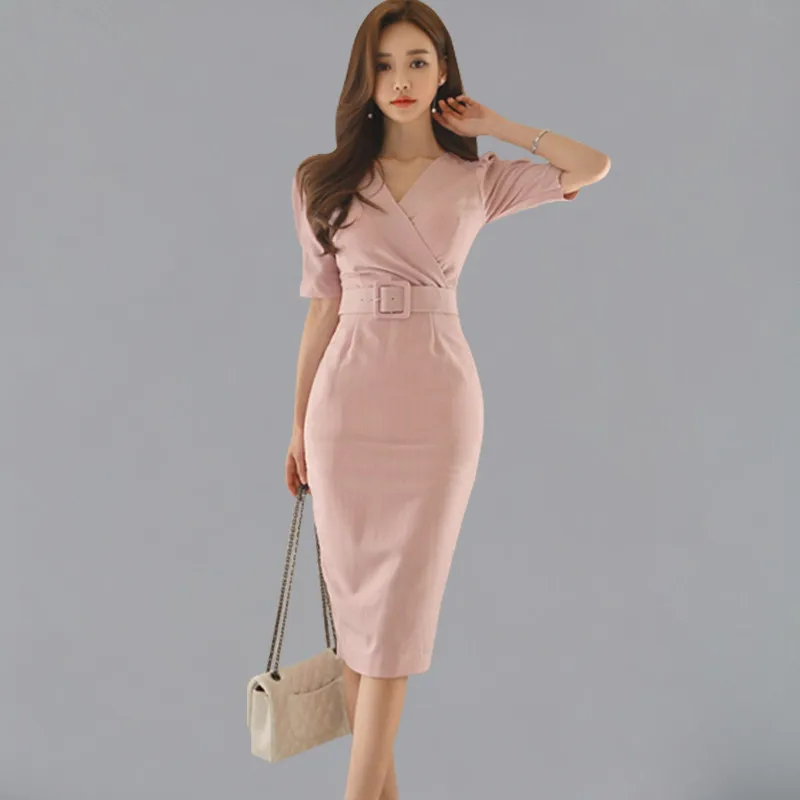 

MSSNNG Womens Stripes Office Wear Summer Sexy Dress Puff Sleeve V-neck Sheath Bodycon Pencil Business Vestido