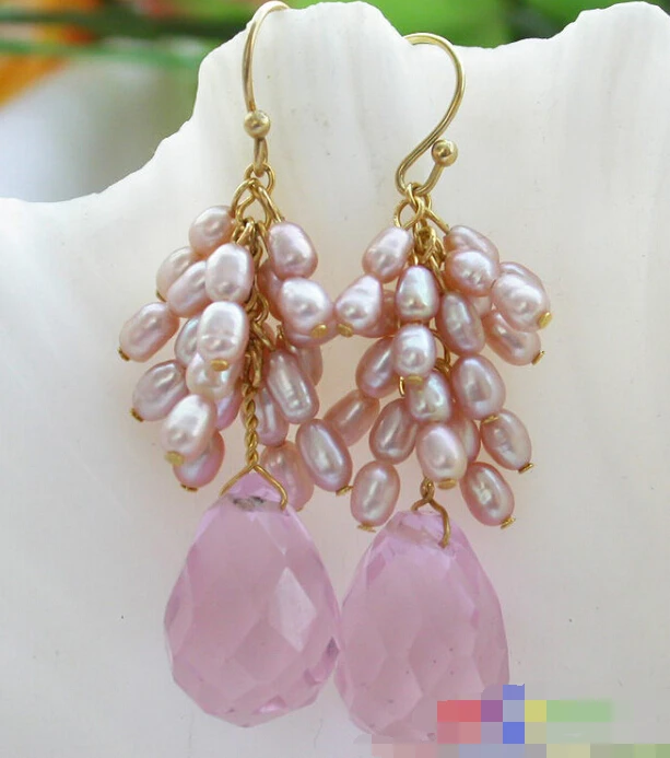 

Hot selling> free shipping 11830 pink drip faceted crystal rice pearl dangle earring -Bride jewelry free shipping